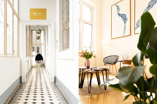 LuxSkin Kosmetikstudio Wien - Eingang zweiter Stock und Wartebereich